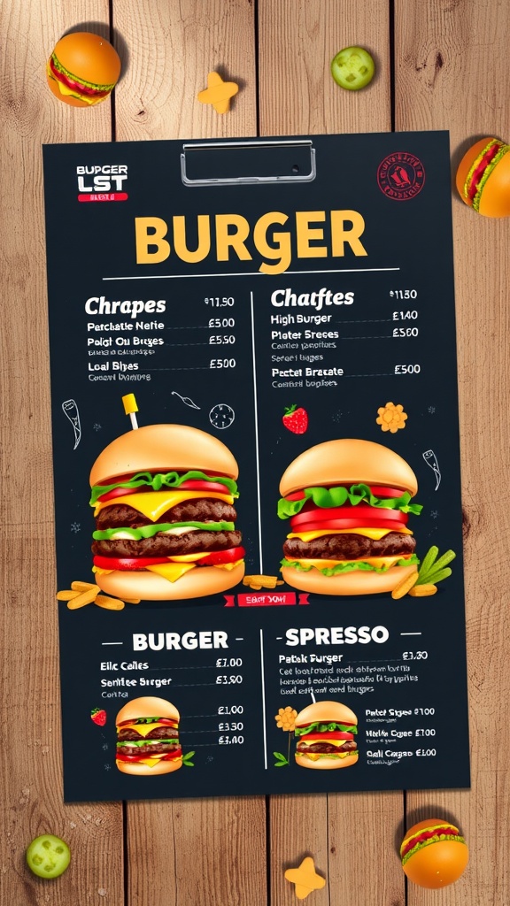 A colorful burger menu design with images of burgers and creative typography.